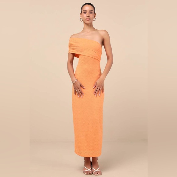 Lulus Domicia Light Orange Ribbed One-Shoulder Maxi Dress size large - Picture 2 of 6